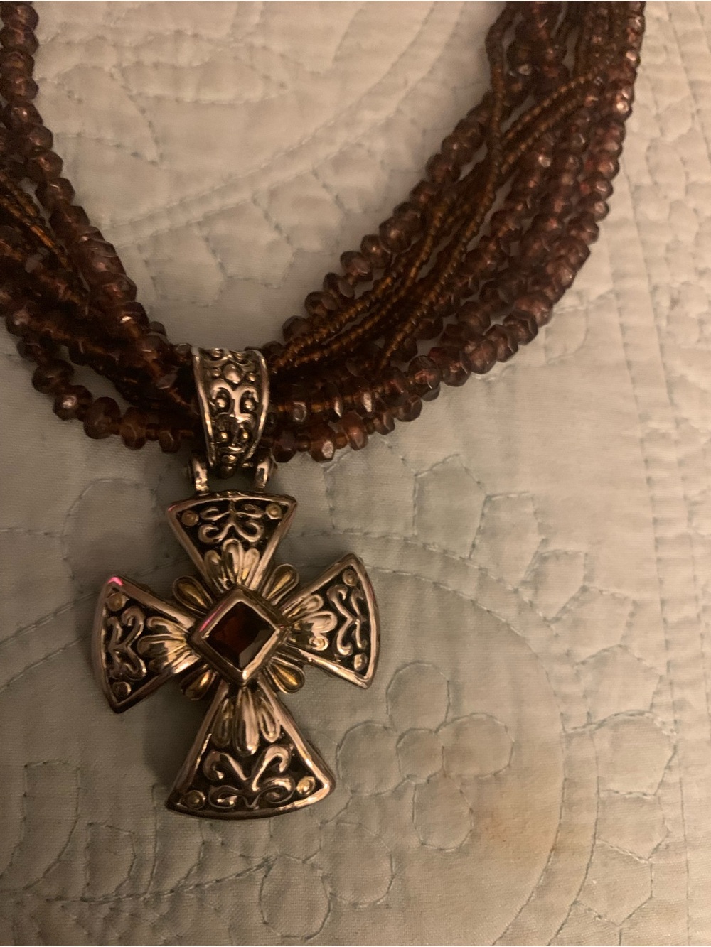 Brown Beaded Multi-Strand Necklace with Gold-Tone Cross Pendant